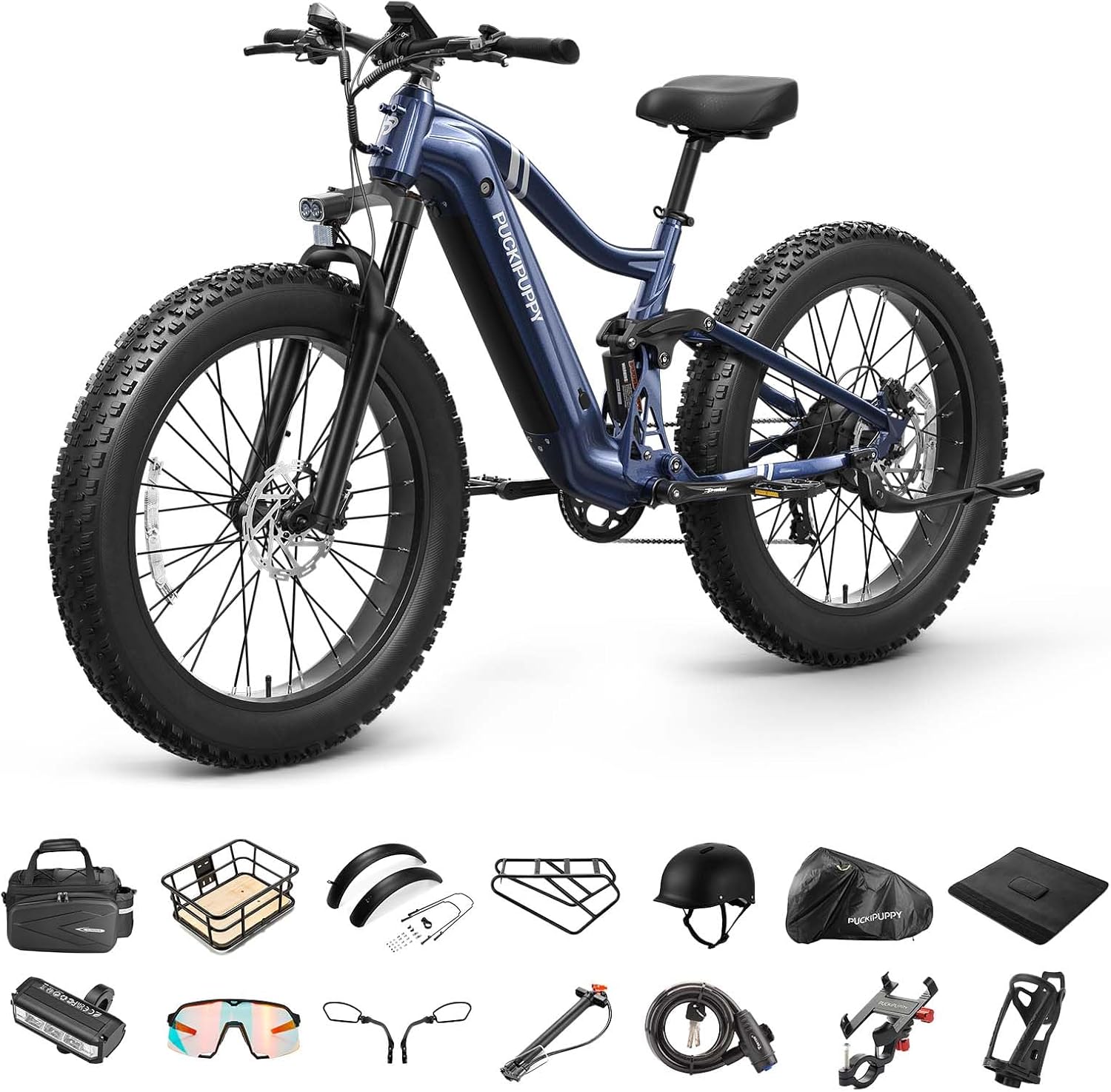 PUCKIPUPPY Boxer Electric Bike for Adults 960W, 48V 20AH Battery Ebike, Full Suspension 26' Fat Tire E Bike, 28MPH 80Miles Range Mountain Electric Bicycle, 7 Speed Hydraulic Disc Brakes
