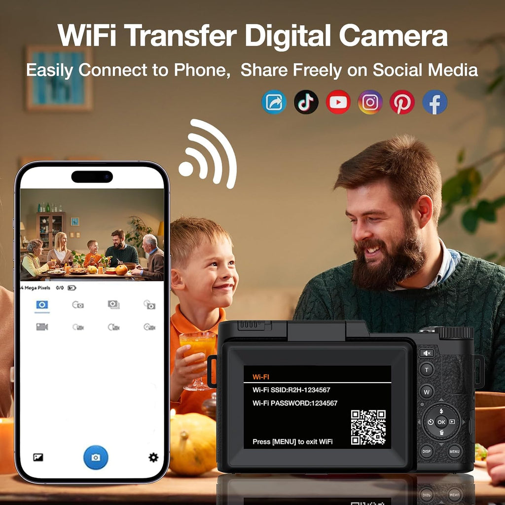 5K Digital Camera with WiFi for Photography, 64MP Vlogging Camera with Flip Screen for YouTube, Includes 64GB SD Card, Tripod, Selfie Light & 2 Batteries