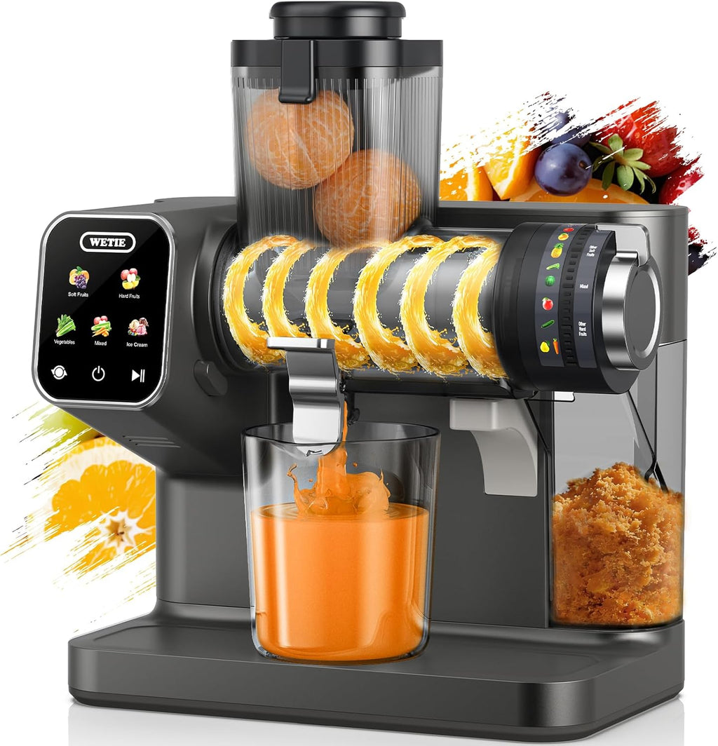 WETIE Cold Press Juicer, Slow Masticating Juicers Machines with Touch Screen, Adjustable Juicing Pressure, 99% Juice Yield, 3.54'' Wide Chute Juicer Extractor, Easy to Clean with Brush & Recipes