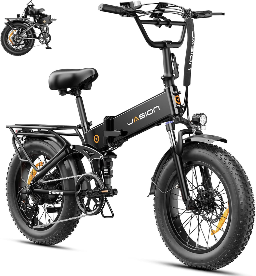 Jasion X-Hunter Foldable Electric Bike for Adults, 1400W Peak Motor, Up to 30MPH 70+Miles, 624Wh Removable Battery, 20″*4 Fat Tires Bicycle, Full Suspension & 7-Speed EBike for Commute, Snow, Mountain