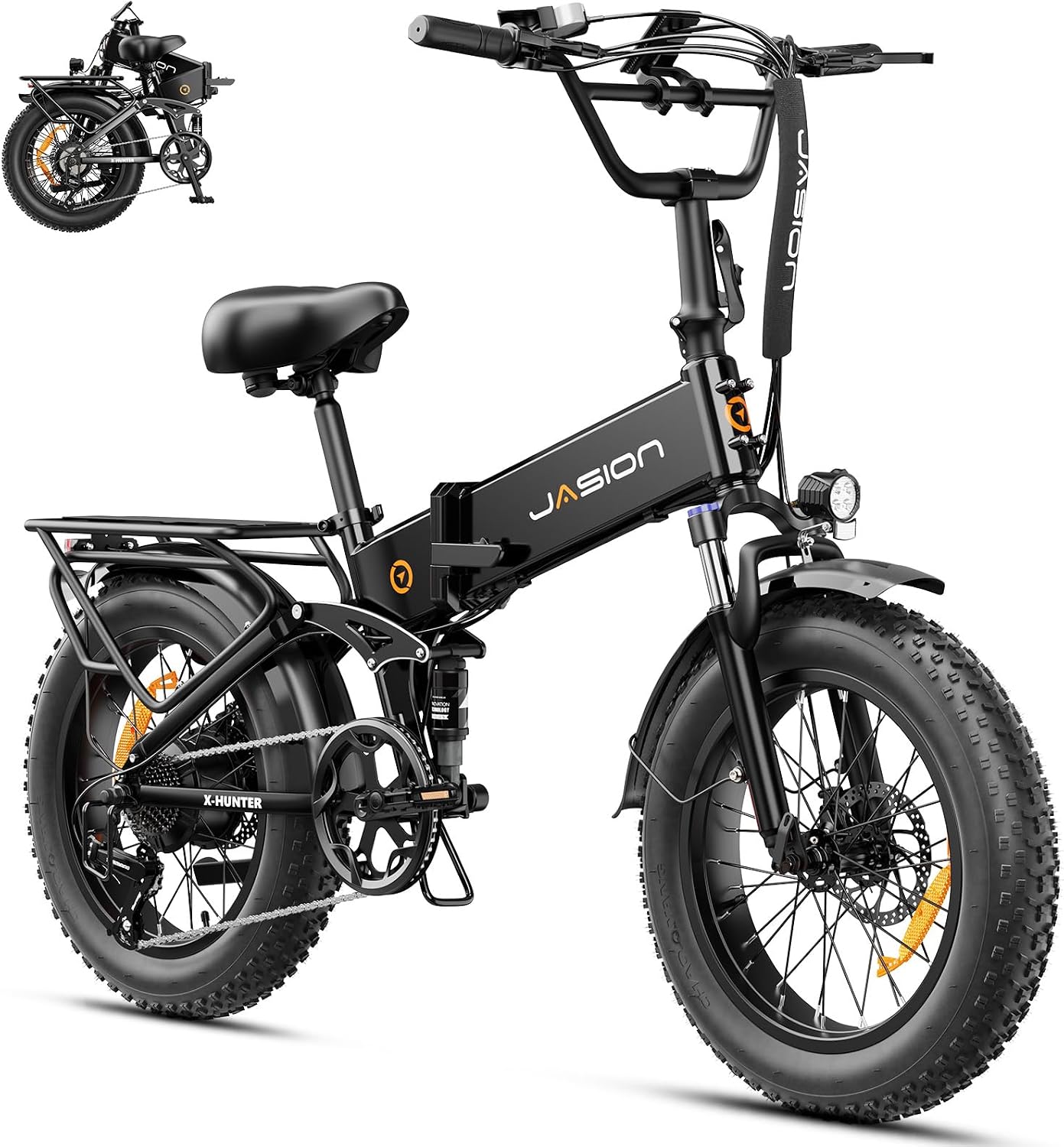 Jasion X-Hunter Foldable Electric Bike for Adults, 1400W Peak Motor, Up to 30MPH 70+Miles, 624Wh Removable Battery, 20″*4 Fat Tires Bicycle, Full Suspension & 7-Speed EBike for Commute, Snow, Mountain