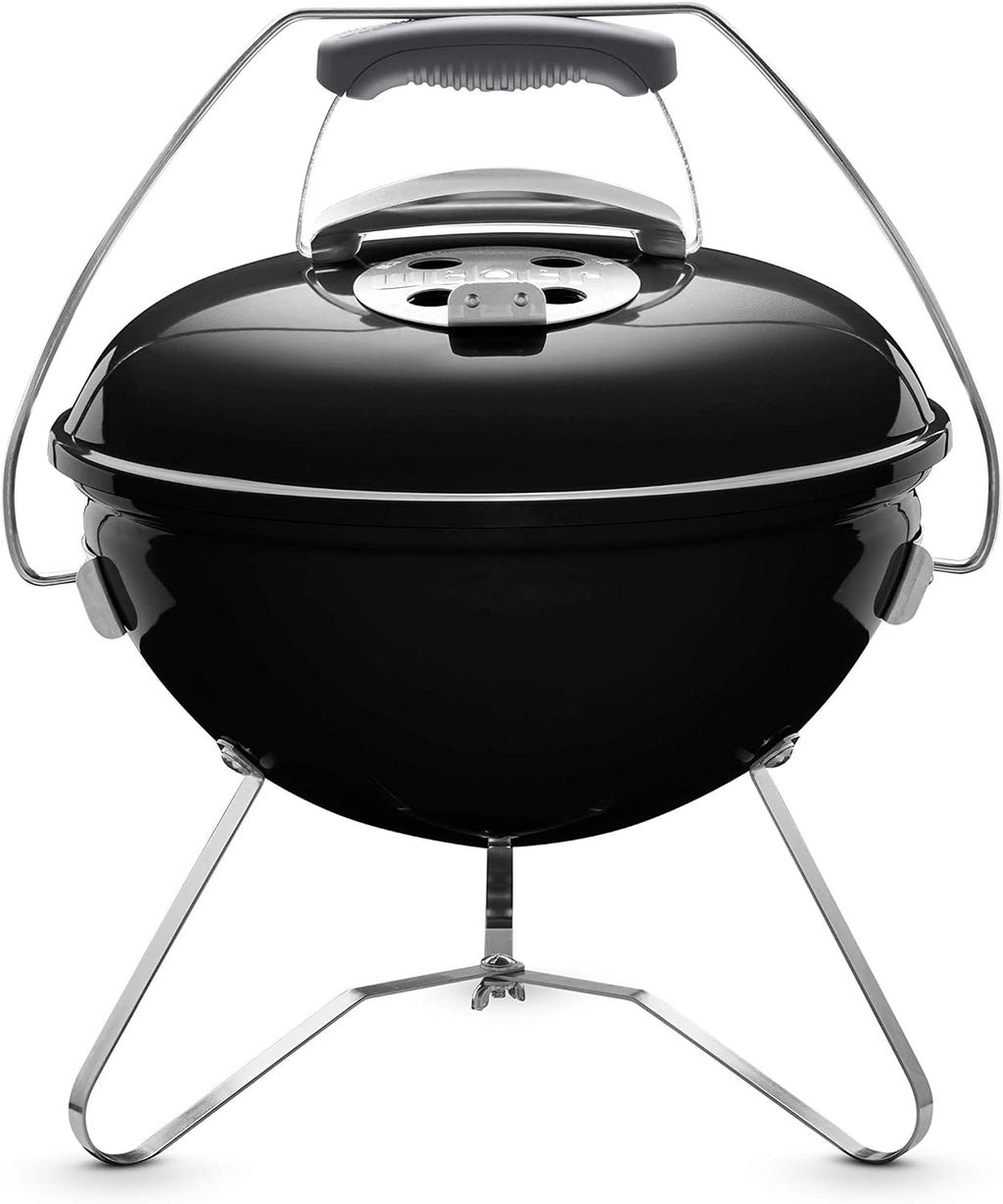 Weber Smokey Joe Premium Charcoal Grill Barbeque, 37cm | Portable BBQ Grill with Tuck-N-Carry Lid Cover & Plated Steel Legs | Folding Outdoor Cooker with Porcelain-Enamelled Bowl - Black (1121004)