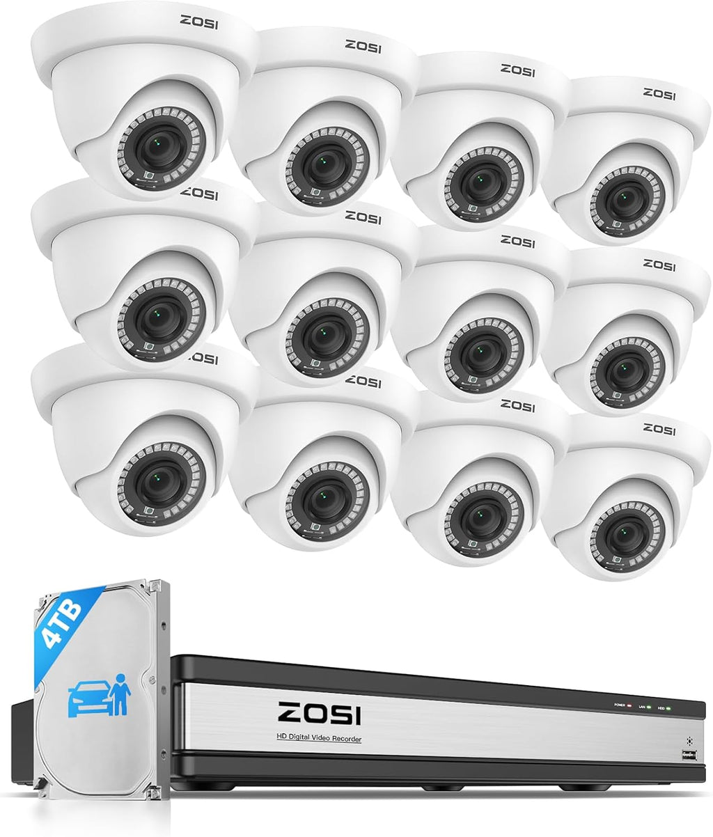 ZOSI 1080p 16 Channel Security Camera System with AI Human Vehicle Detect, H.265+ 16CH CCTV DVR and 12 x 1080p Dome Camera Outdoor Indoor, 80ft Night Vision, 105° View Angle, Alert Push, 4TB HDD