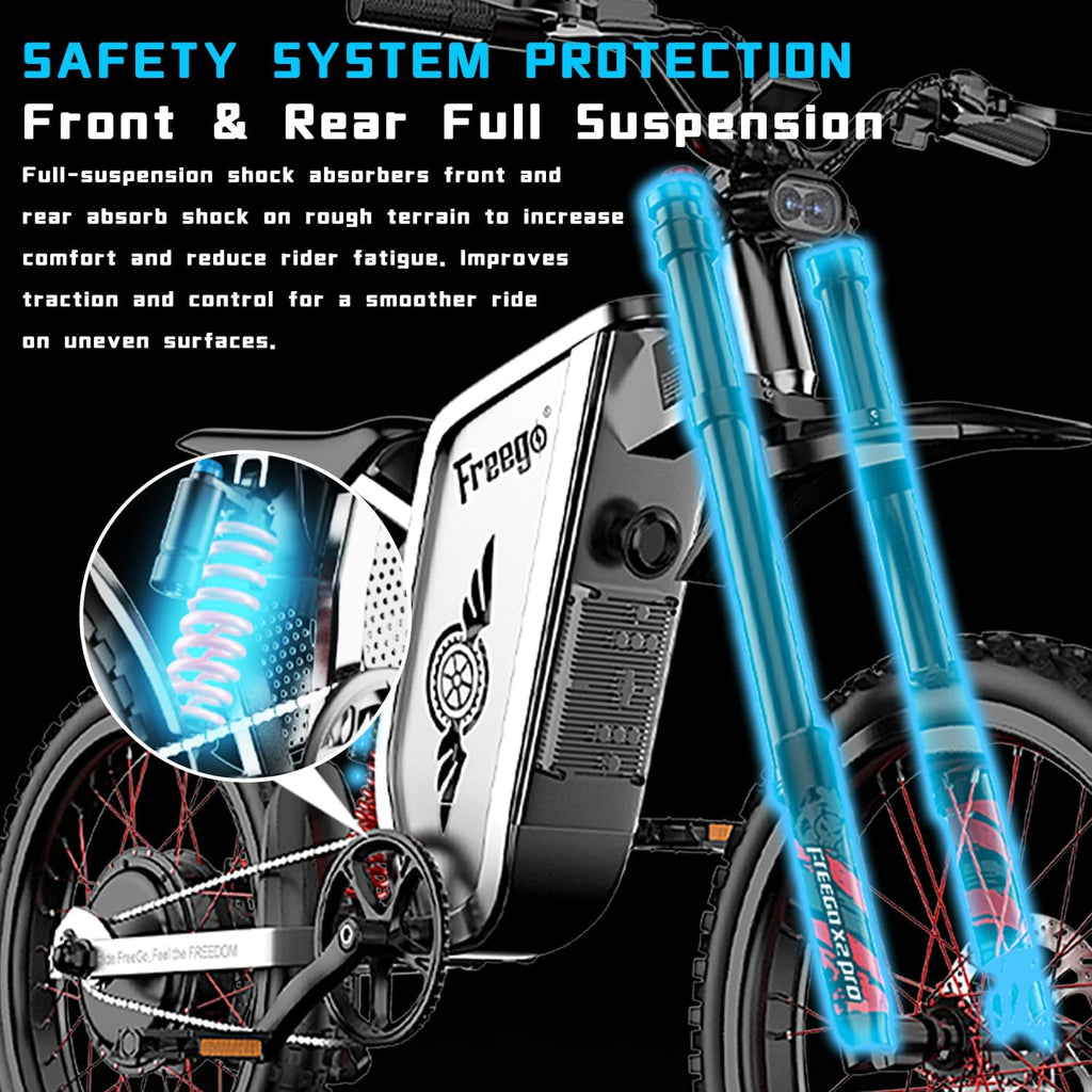 Freego Electric Motorcycle for Adults, X2Pro Electric Dirt Bike 6000W(Peak) Motor 60V/30Ah Battery,50MPH Off Road Electric Bicycle,19x2 Tire Full Suspension/Four-Piston Hydraulic Brake