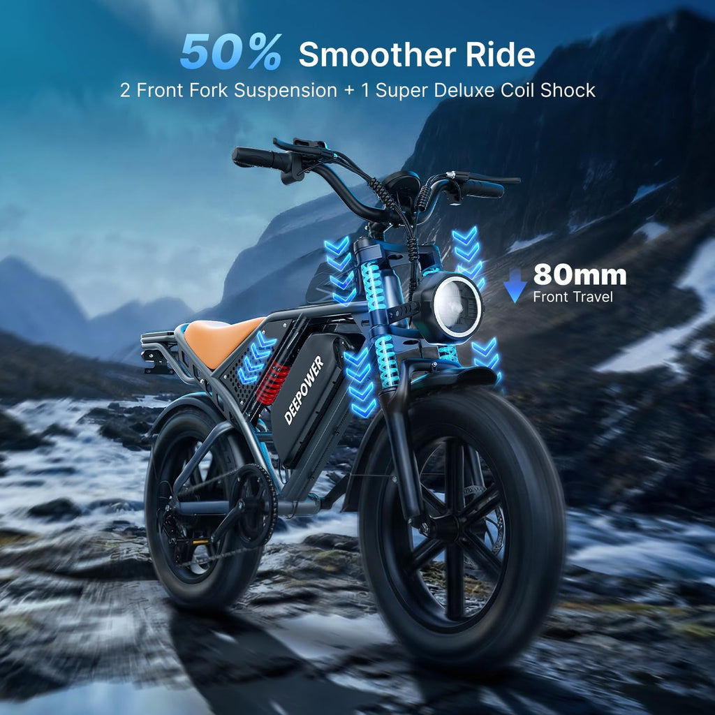 DEEPOWER Electric Bike for Adults,2000W Peak Motor&28MPH Electric Dirt Bike，48V 20AH/35AH/60AH Battery, 70-160 Max Miles,Dual Suspension Ebikes for Adults, 20' Fat Tire E Bike