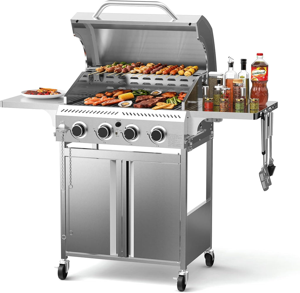 Electactic Propane Gas Grill 4 Burners, 32000 BTU Outdoor Barbecue Grill with Stainless Steel Body & Heavy-Duty 304 Grill Grates, Foldable Side Shelves & Built-in Thermometer, Portable with Wheels