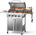 Electactic Propane Gas Grill 4 Burners, 32000 BTU Outdoor Barbecue Grill with Stainless Steel Body & Heavy-Duty 304 Grill Grates, Foldable Side Shelves & Built-in Thermometer, Portable with Wheels