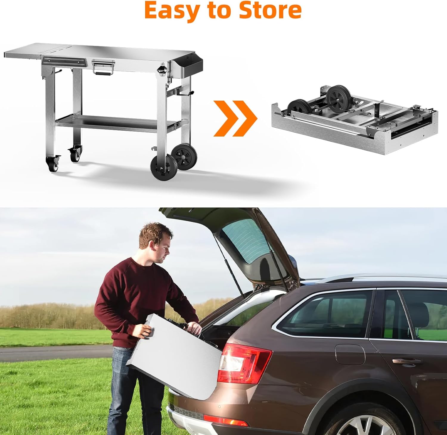 Electactic Food Grade 304 Stainless Steel BBQ Grill Carts fits 22'' Tabletop Griddle, Outdoor grill Table with 4 Foldable Legs, Portable Grill Stand for RV, Camping, Tailgating