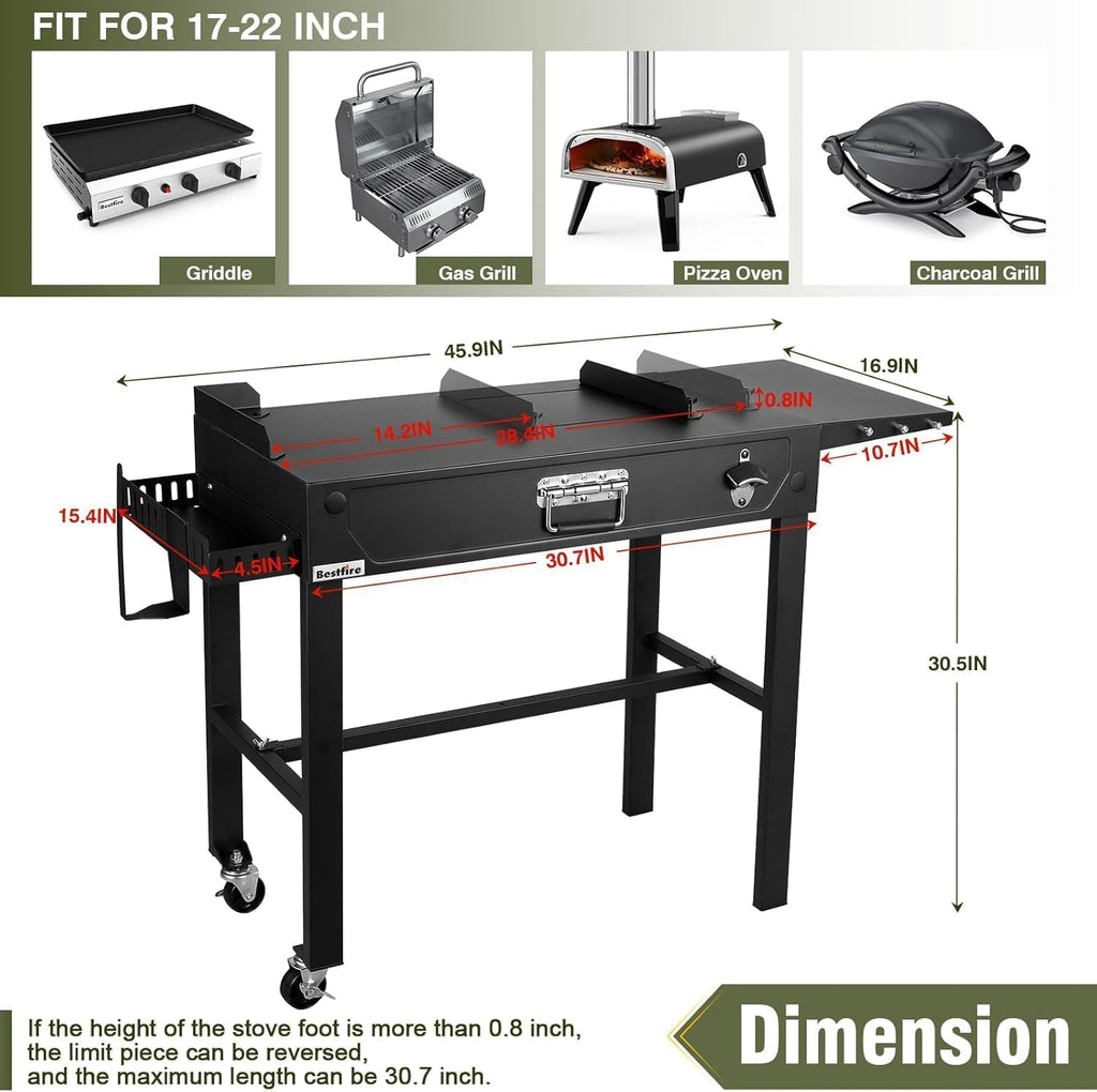Llamaviva 2-Burner Tabletop Gas Grill with Outdoor Table, Portable Stainless Steel Cooking Station with Storage Shelves, Hooks, and Locking Wheels for Tailgating, Camping & Backyard BBQ