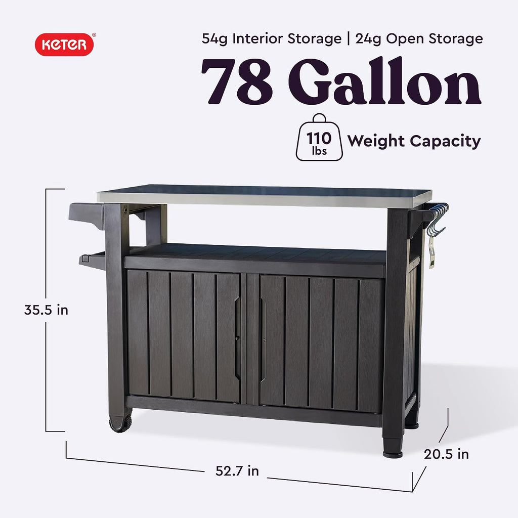 Keter Outdoor Rolling Table Cart for Food Prep, Storage, Bar & Grill, Dark Brown - Portable Kitchen Island Tabletop with Wheels for Drinks, Snacks, and Cooking