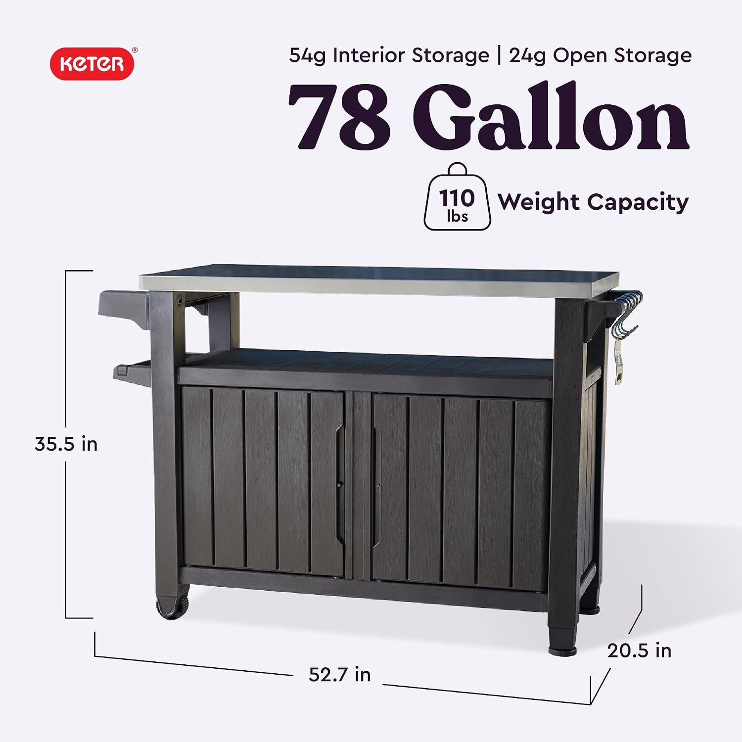 Keter Outdoor Rolling Table Cart for Food Prep, Storage, Bar & Grill, Dark Brown - Portable Kitchen Island Tabletop with Wheels for Drinks, Snacks, and Cooking