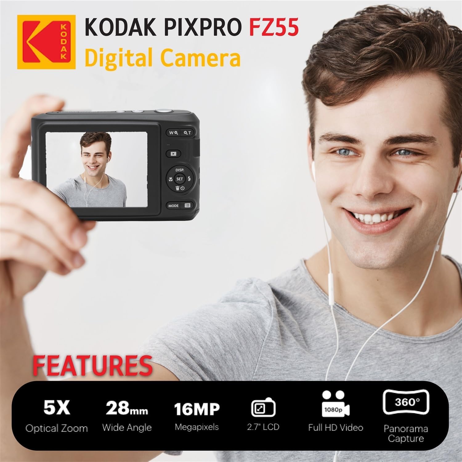 KODAK PIXPRO FZ55 16MP Digital Point & Shoot Camera, 5X Optical Zoom, 28mm Wide Angle, 1080P Full HD Video, Bundle with 32GB SD Card, Protective Case, and Hi-Speed Card Reader (Red)