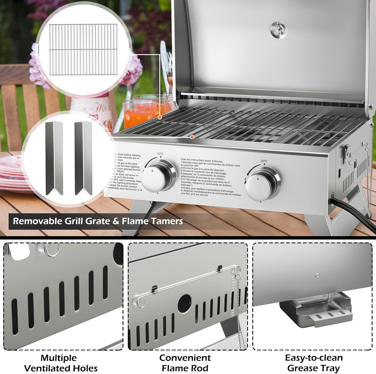 Giantex Portable Gas Grill with 2 Burner, Max. 20,000 BTU total, Folding Legs, Built-in Thermometer, Travel Locks, Stainless Steel Tabletop Propane Gas Grill for Camping Picnic Cookout RV BBQ