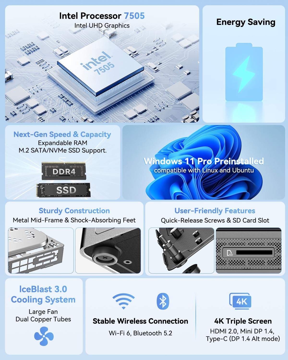 GEEKOM Air12 Mini PC (2026), Intel Pentium 7505 (Up to 3.5GHz), 8GB RAM (Dual-Slot Upgradeable), 256GB M.2 SSD, 3-Year Warranty, Metal Mid-Frame, 8K & Triple 4K Display, WiFi 6, Business & Office PC