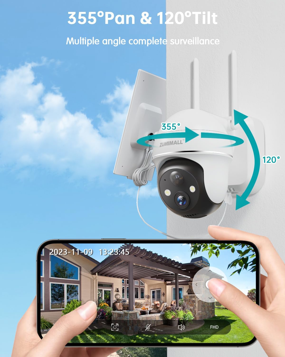 ZUMIMALL 2K Solar Security Cameras Wireless Outdoor 4-Pack, Solar Powered Cameras for Home Security with 360° View, Color Night Vision, 2-Way Talk, AI Motion Alert, Siren, CloudEdge App Supported