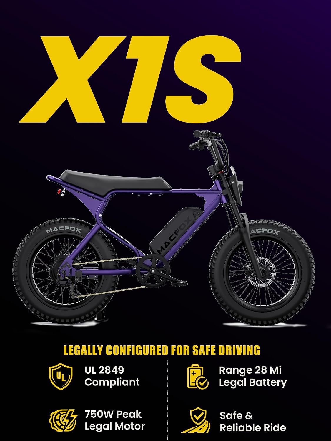 MACFOX X1S Electric Bike for Teens & Adults, UL Certified Class 2 Commuter Ebike, Street Legal Retro Fat Tire Cruiser, Safe 20MPH Campus Ride