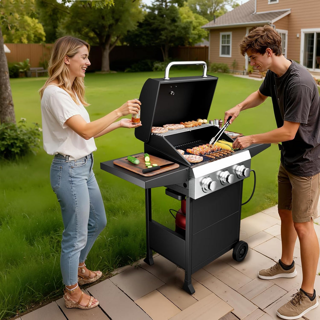 ROVSUN 3-Burner Propane Gas BBQ Grill with Foldable Side Tables & Enameled Cast Iron Grates, 36,000 BTU Barbecue Grill with Portable Wheels for Outdoor Patio Backyard Cooking Grilling, Black