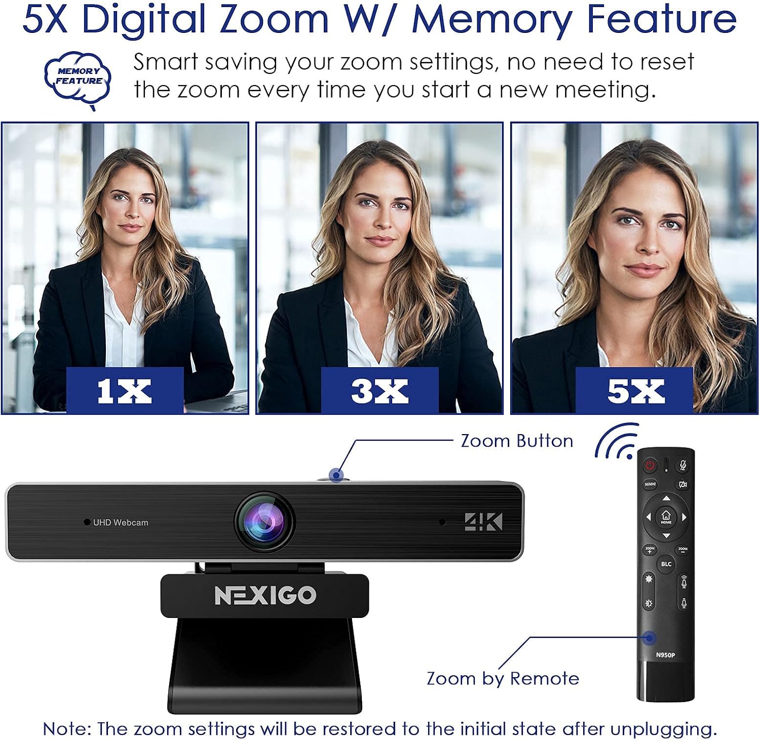 Zoom Certified, NexiGo N950P 4K Zoomable Webcam with Remote Control, Sony_Starvis Sensor, 5X Digital Zoom, Pro Web Camera with Dual Stereo Mics, for Zoom Skype Teams Twitch