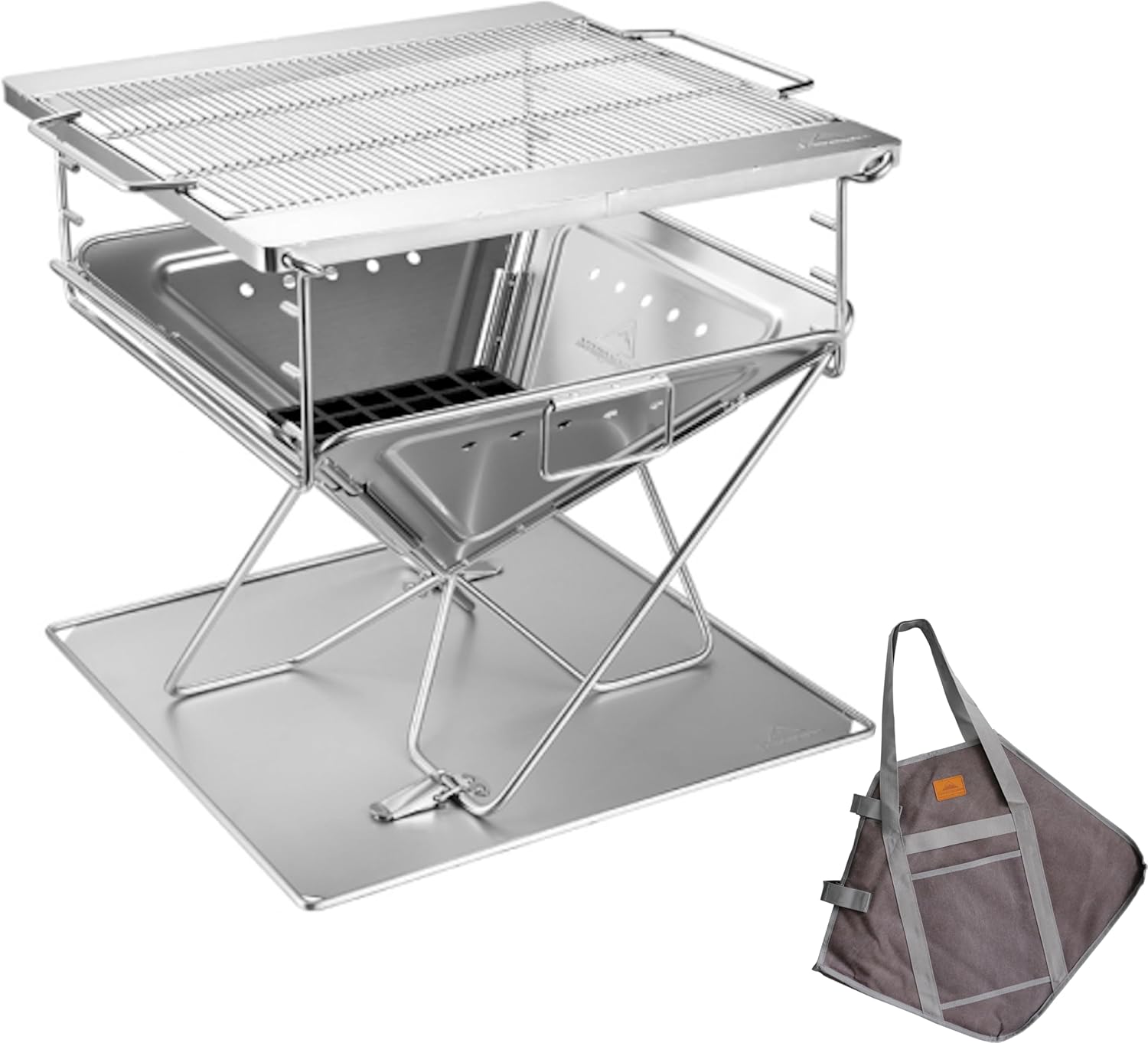 CAMPINGMOON 3 in1 Flatpack Portable Fire Pit Grill 16 inch Heavy Duty Stainless Steel Wood Burning Camping Stove Adjustable Height Backyard Outdoor Cooking RV Trips Carry Bag included MT-055