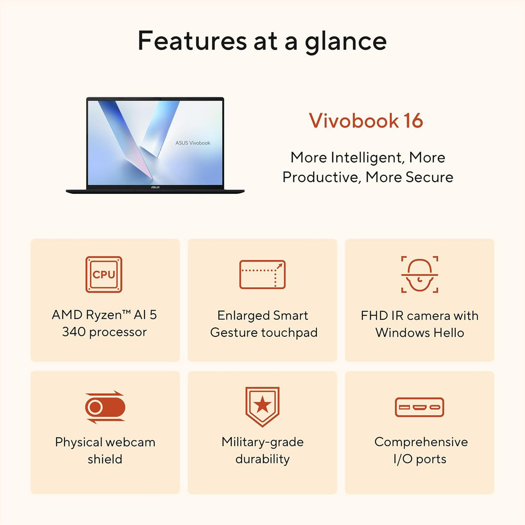 ASUS Vivobook 16 Laptop, Copilot+ PC, 16' WUXGA 60Hz Display, AMD Ryzen AI 5 340 with XDNA NPU, AMD Radeon Graphics, 16GB RAM, 512GB SSD, Quiet Blue, M1607KA-DS54