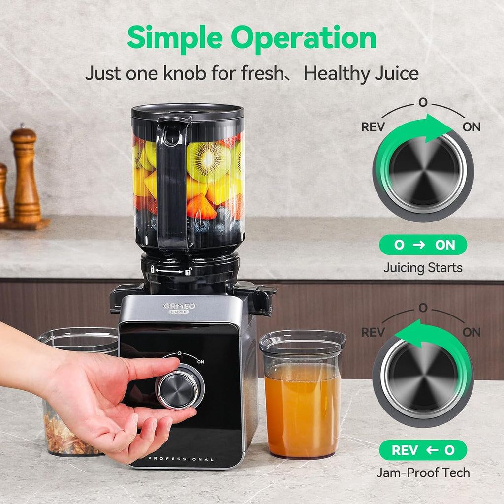 Cold Press Juicer, ORMEO HOME Masticating Juicer Machines with 5.5' Large Feed Chute Fit Whole Vegetables & Fruits, with Pulp Seperation 99.6% Juice Purity, Quiet Motor Easy to Clean BPA Free