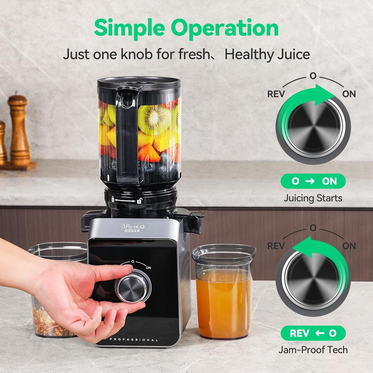 Cold Press Juicer, ORMEO HOME Masticating Juicer Machines with 5.5' Large Feed Chute Fit Whole Vegetables & Fruits, with Pulp Seperation 99.6% Juice Purity, Quiet Motor Easy to Clean BPA Free