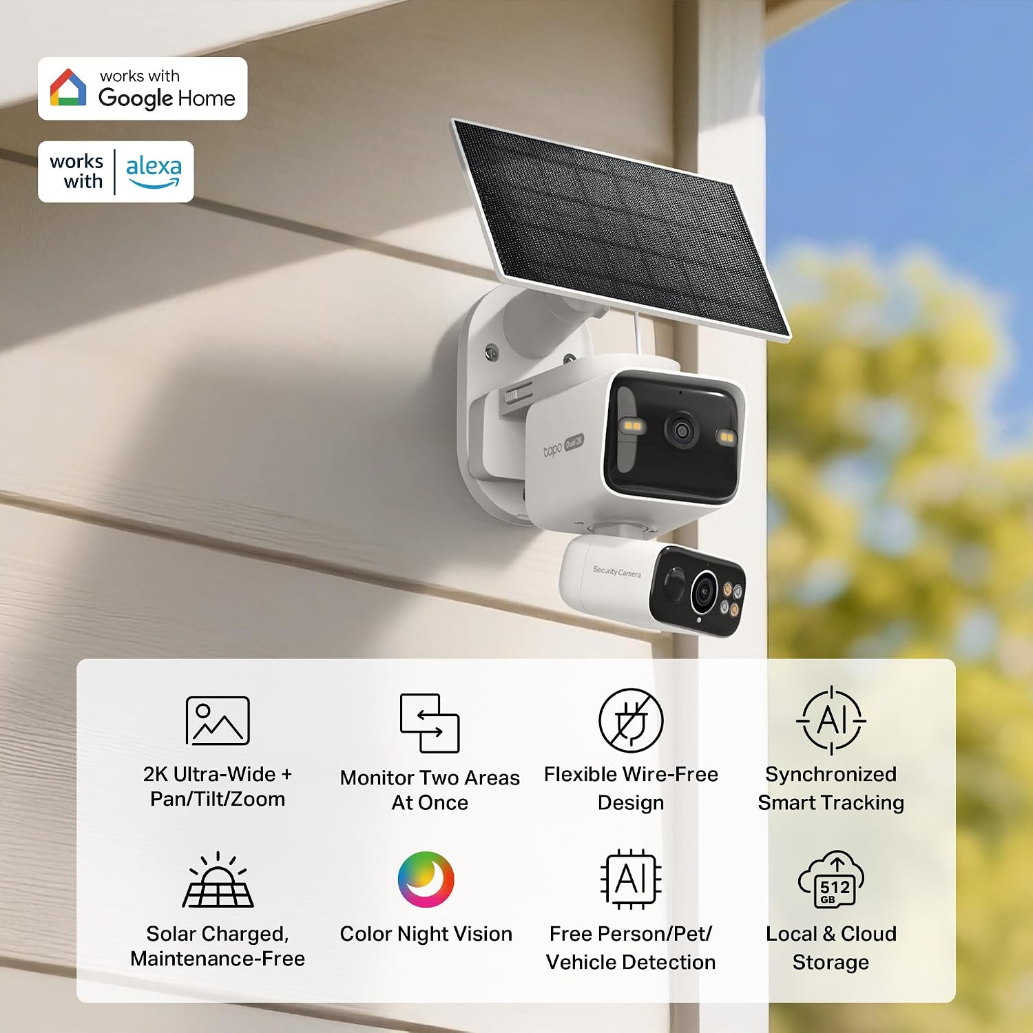 Tapo 2K Dual Lens Pan/Tilt Security Battery Camera Wireless w/Solar Panel, 165° Wide-Angle + 6mm Telephoto, Free Person/Vehicle Detection, 360° Pan, SD/Cloud Storage, Works w/Alexa & Google, C645D KIT