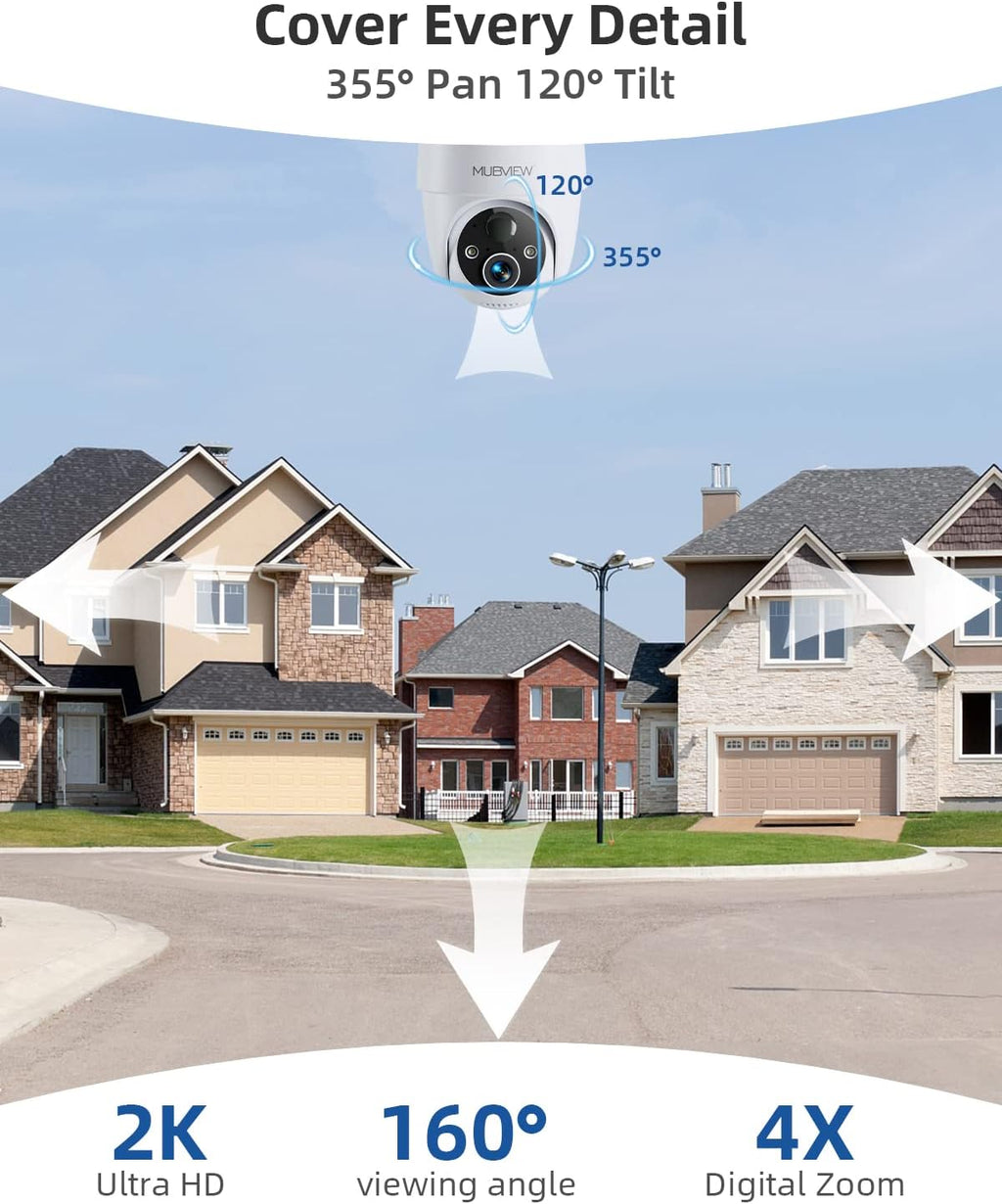 MUBVIEW 2K Solar Security Cameras Wireless Outdoor, 360° PTZ Battery Powered Outdoor Camera, 2.4Ghz WiFi Home Security Camera, Color Night Vision, Motion Detection, 2-Way Audio, 2-Pack