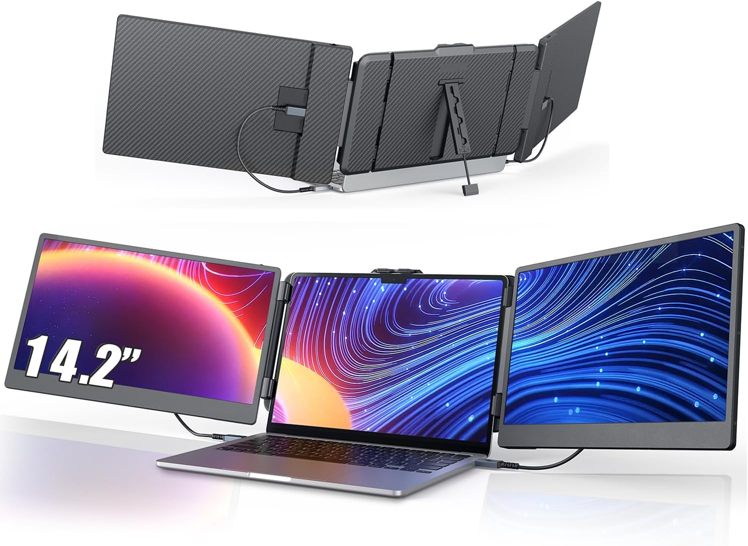 14'' Screen Extender Portable Laptop Plug-play, 1080P IPS Laptop Monitor Extender Built-in Speaker, HDMI/USB-A/Type-C Triple Monitor for 13''-17.3'' Laptops, Work with Mac, Windows, Chrome, Switch