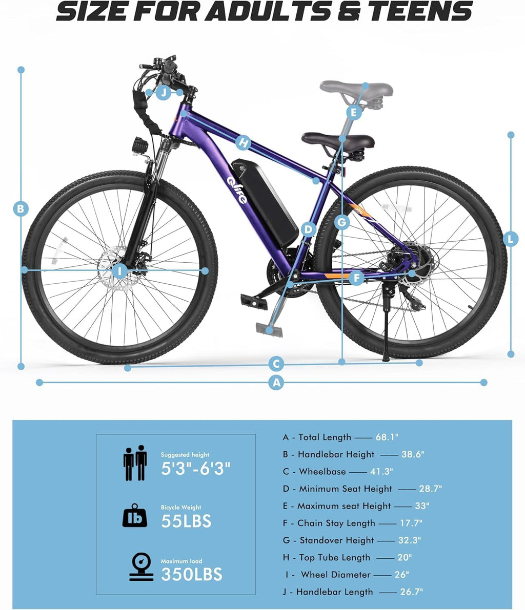 Qlife Racer Electric Bike for Adults - 21-Speed Mountain Lightweight Ebike with Peak 1000W/750W 25MPH/22MPH Brushless Motor, 375Wh Removable Battery, 26X2.1 Tire Step Over E-MTB, Up to 40 Miles