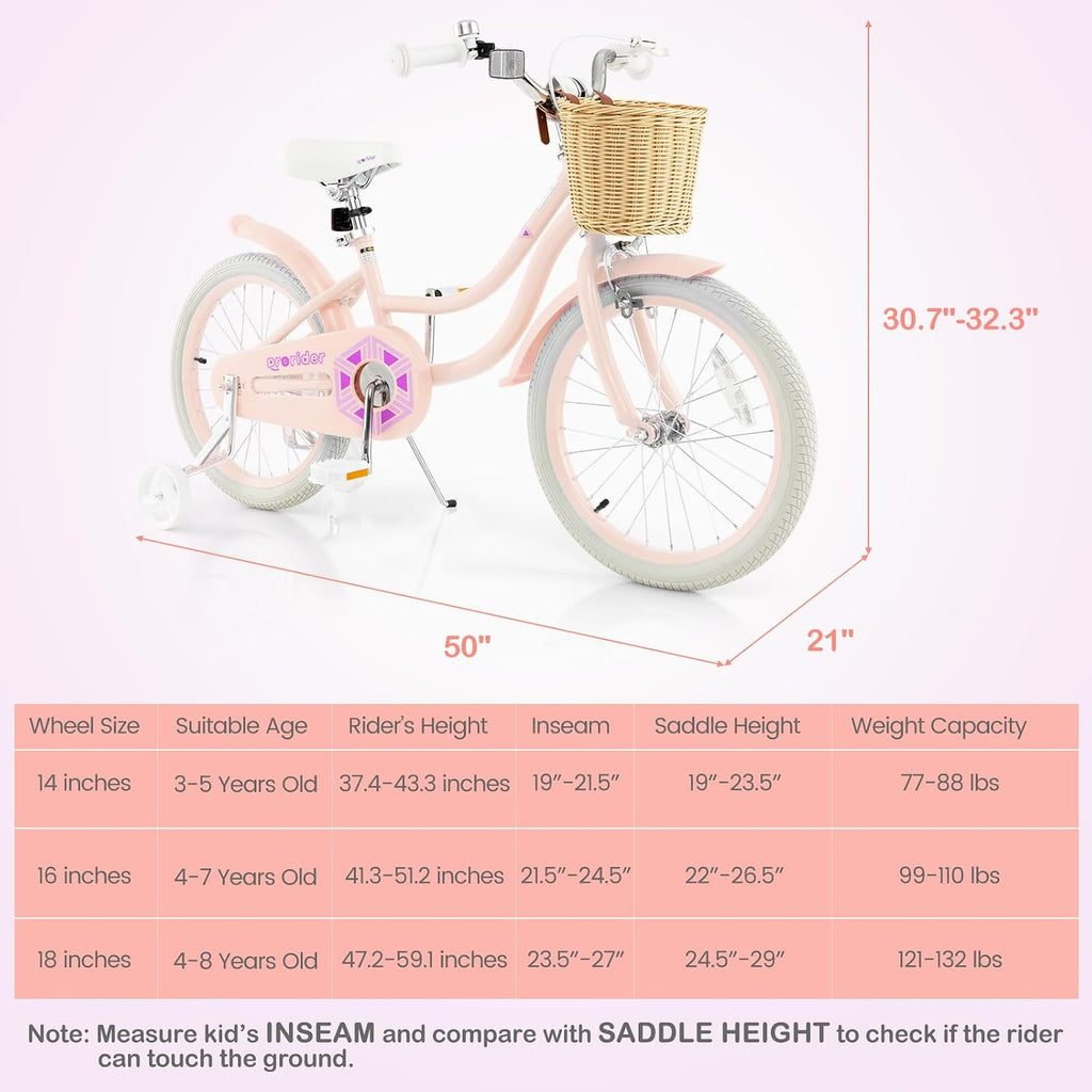 BABY JOY Kids Bike, 14 16 18 Inch Retro Kids Bicycles for 3-8 Years Old Children with Training Wheels, Adjustable Height, Rattan Basket, Handbrake & Coaster Brake, Boys Girls Bike (Pink, Green, Blue)