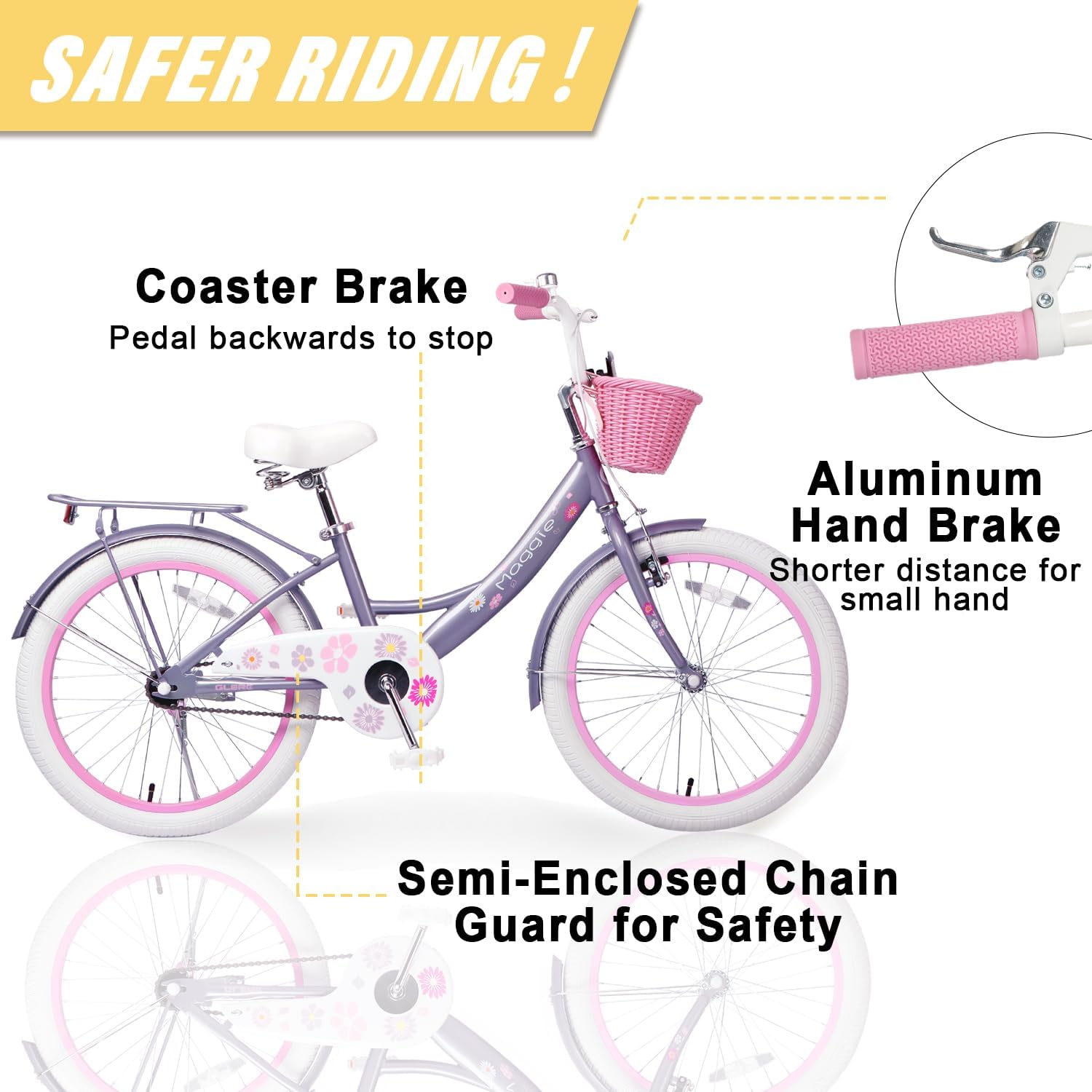 Glerc Maggie Girls Bike, 12-20 Inch Kids Bike for 2-13 Years Old Children, Princess Style Kids Bicycle with Doll-Seat & Basket & Training Wheels, Multiple Colors