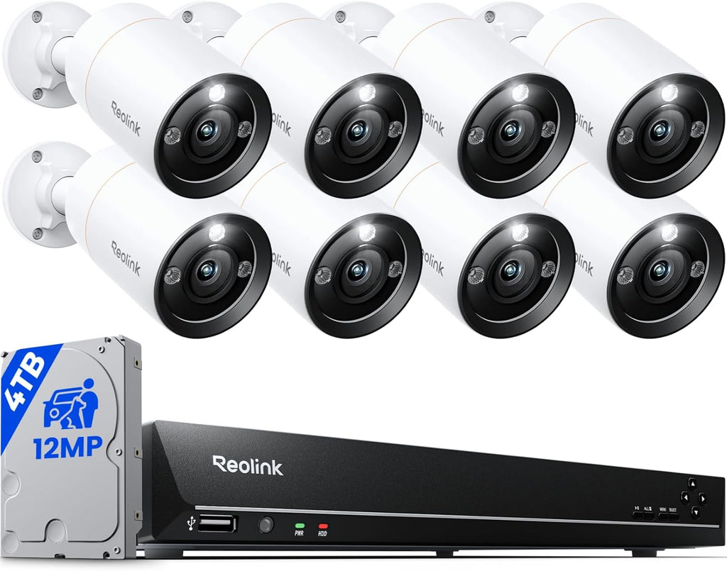 REOLINK 12MP Security Camera System Commercial, 8pcs H.265 12MP PoE Security Cameras Outdoor, Person Vehicle Pet Detection, Spotlight Color Night Vision, 16CH NVR 4TB HDD, RLK16-1200B8-A