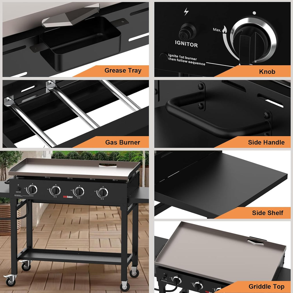 BBQCuker 4-Burner Propane Gas Griddle, 60,000 BTU Flat Top Grill with Removable Side Tables, Bottom Tray and Foldable Legs, 766 sq. in. Cooking Area, Portable Outdoor Griddle for Camping, BBQ (BLACK)