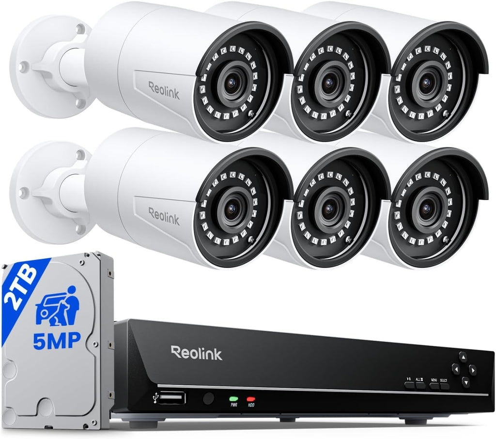 REOLINK 8CH 5MP Home Security Camera System, 6pcs Wired Outdoor PoE IP Cameras with Person/Vehicle/Pet Detection, 4K/8MP 8CH NVR with 2TB HDD for 24-7 Recording, RLK8-410B6-5MP