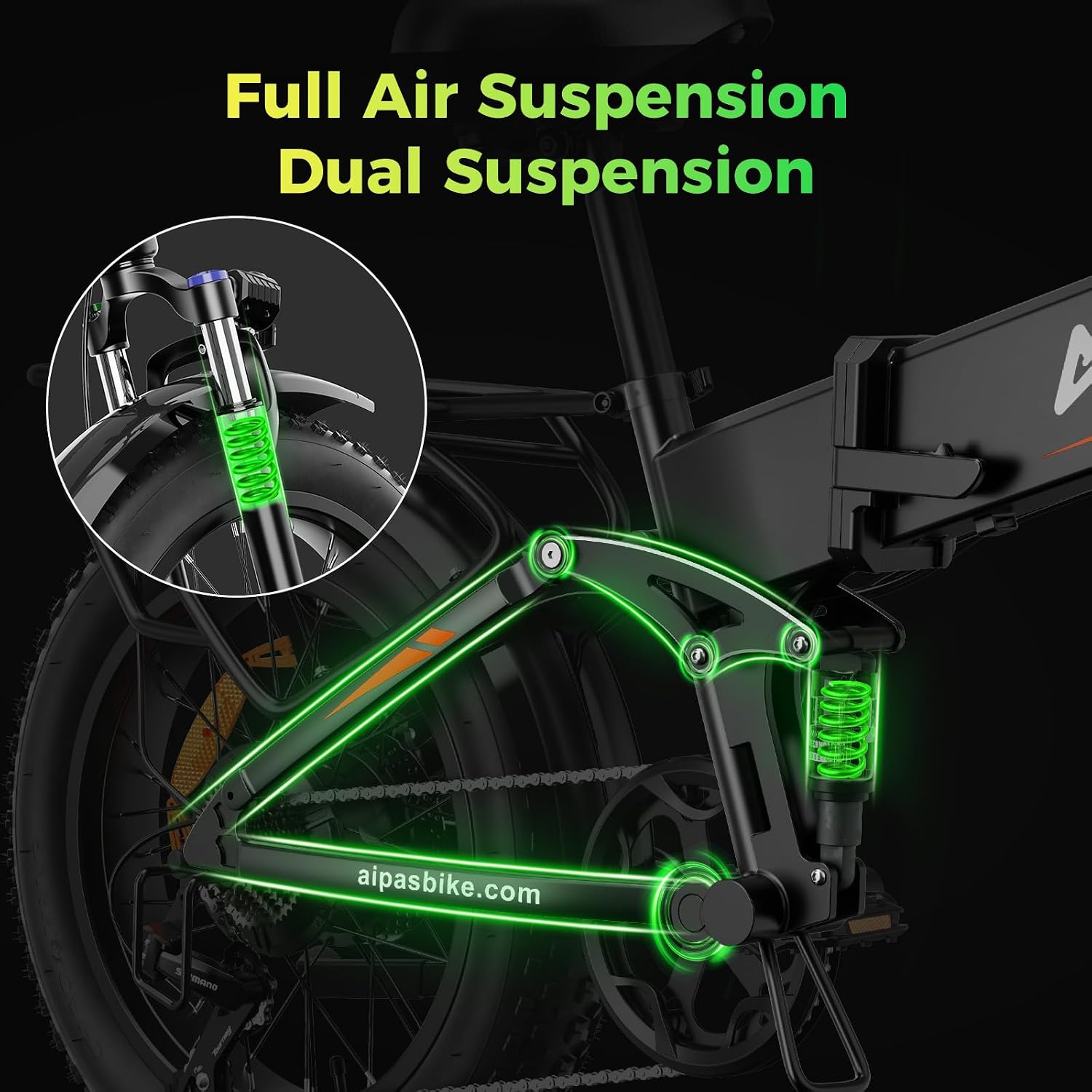 Aipas F3 Electric Bike for Adults with 1500W Motor Peak, 48V 12.8Ah Removable Battery Max 62 Miles 28MPH,20' x 3.0 Fat Tire Folding Electric Bike with 7-Speed and Full Suspension.