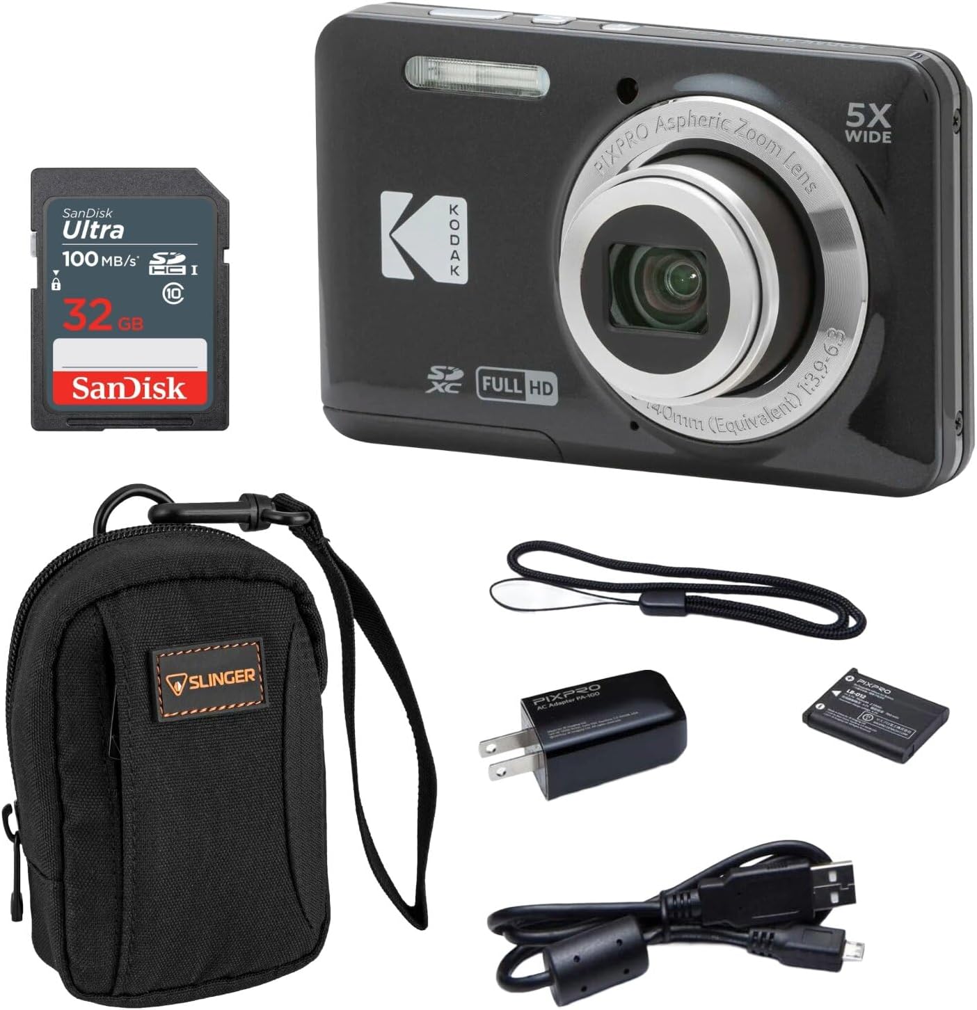 KODAK PIXPRO FZ55-BK 16MP Digital Camera 5X Optical Zoom 28mm Wide Angle 1080P Full HD Video 2.7' LCD Vlogging Camera. Bundle with SD Card and Camera Bag, Kodak 1-Year Limited Warranty (Black)