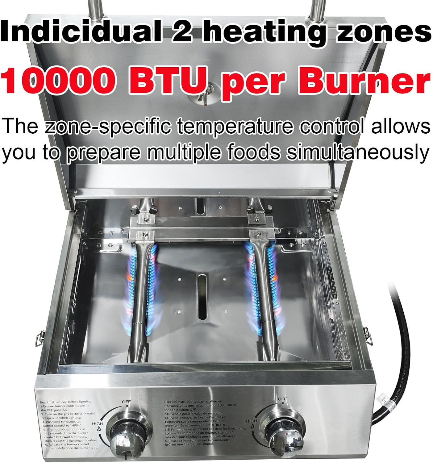BBQCuker Small Tabletop Gas Grill 2-Burner, Portable Propane Gas Grill with Foldable Legs for Outdoor Camping Cooking Two 10,000 BTU Burners Stainless Steel,Built-in Thermometer