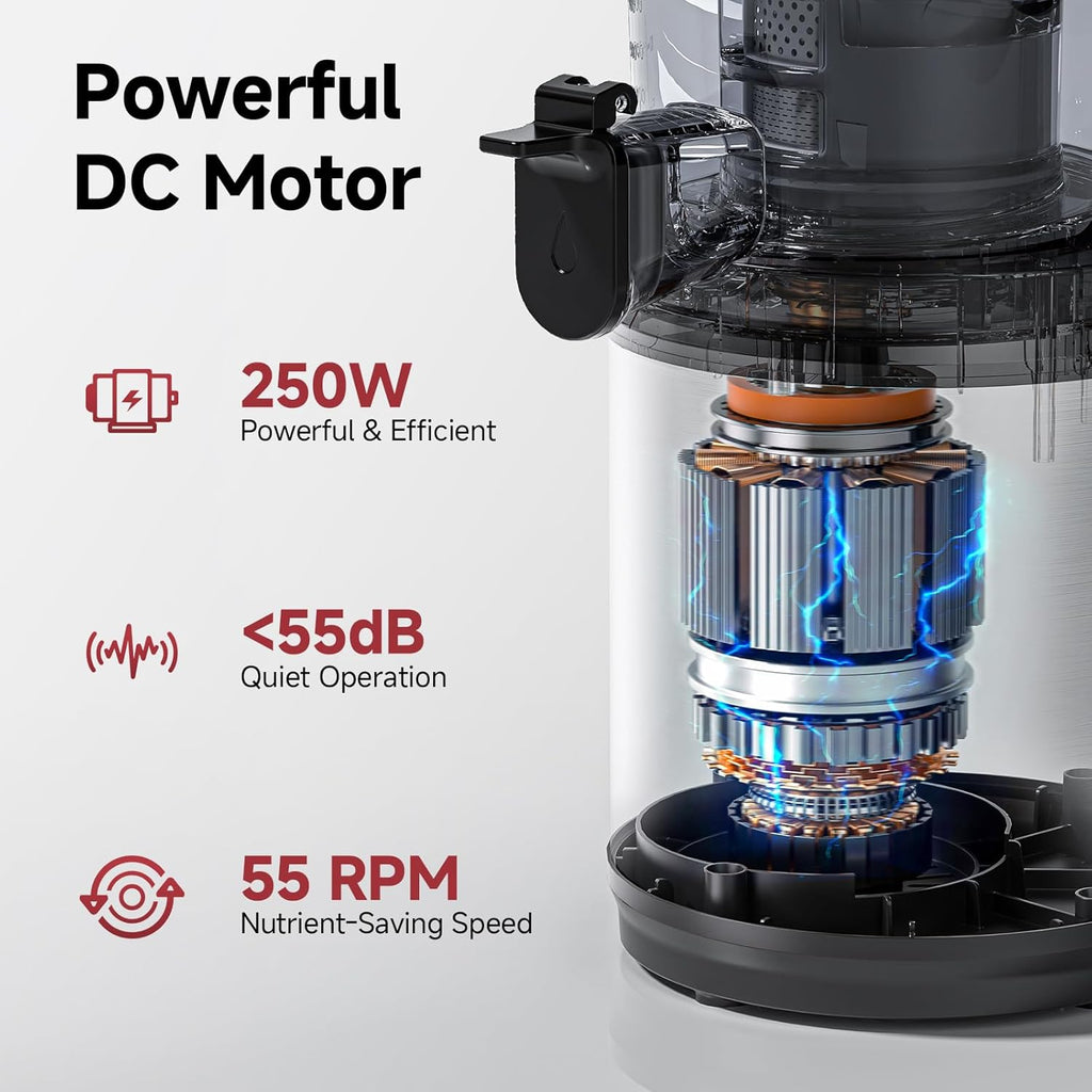 Cold Press Juicer Machine with 6' Extra-Wide Feed Chute,Triple Stainless Steel Filter,Quiet DC Motor,Easy to Clean,Slow Masticating Juicer High Juice Yield,Grey