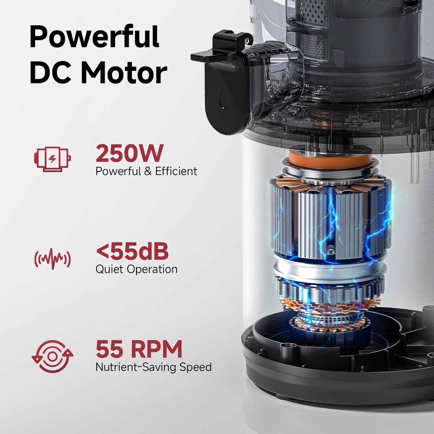 Cold Press Juicer Machine with 6' Extra-Wide Feed Chute,Triple Stainless Steel Filter,Quiet DC Motor,Easy to Clean,Slow Masticating Juicer High Juice Yield,Grey