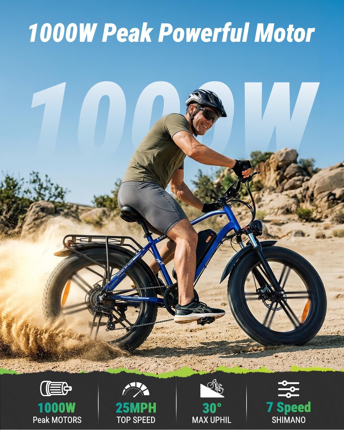 OUXI Electric Bike for Adults, 1000W Peak Electric Mountain Bicycle 48V13Ah Removable Battery, 20″ Fat Tire Ebike with Adjustable Seat, Rear Rack, UL 2849 Certified