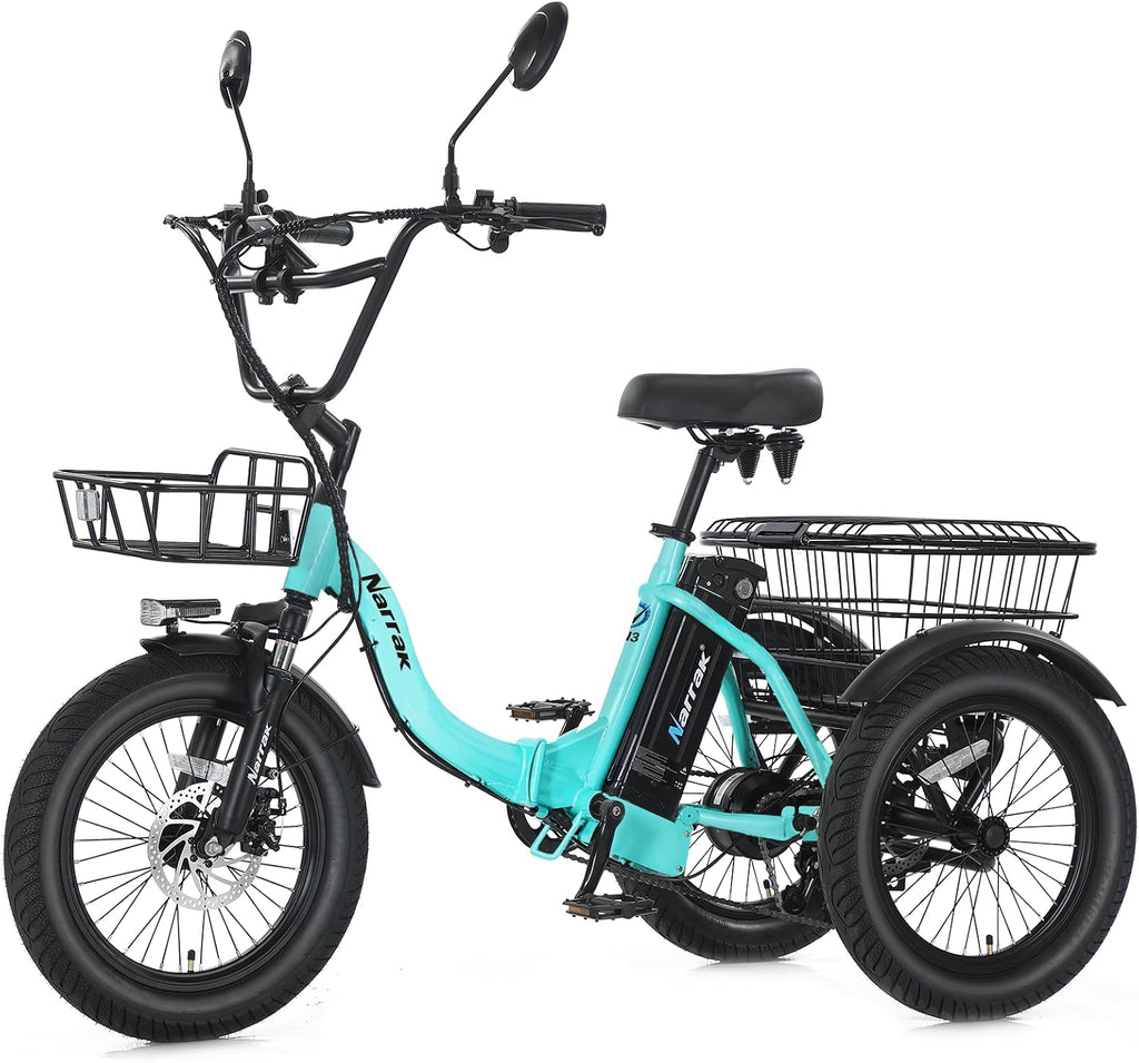 NARRAK Electric Tricycle for Adults,Fat Tire Folding Electric Trike,3 Wheels Electric Bicycle Bikes, Peak 700W/1100W Step-Thru Etrike with Removable Battery and Large Basket