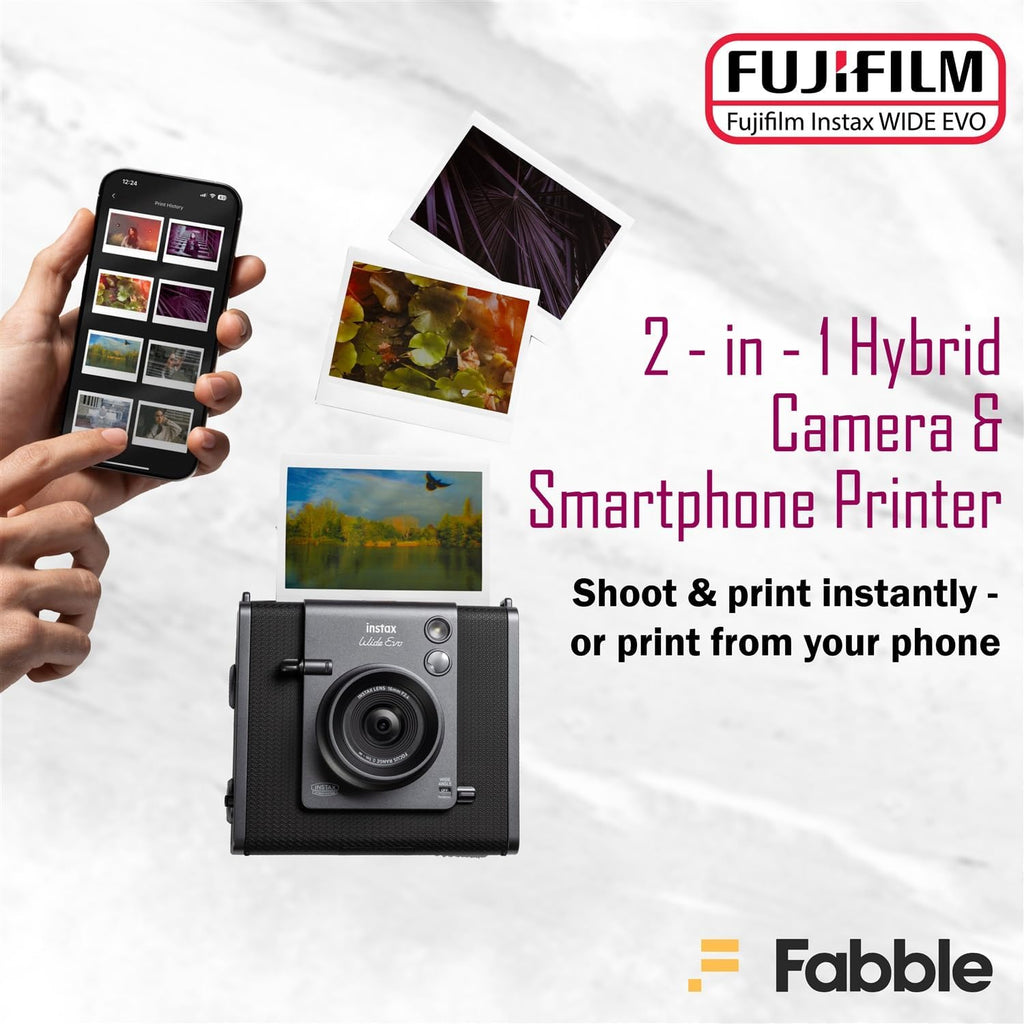 Fujifilm Instax Wide Evo Hybrid Instant Camera – Bundle with 20-Exposure Film Twin Pack, Protective Case, 32 GB microSDHC Card, USB Card Reader & Cleaning Cloth