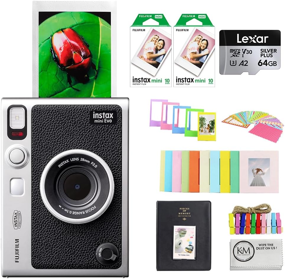 FUJIFILM INSTAX MINI EVO Hybrid Instant Camera | Black Bundle with Instax Mini Film | 20 Exposures + 64GB Micro SD Card + Mini Album, Borders, Stickers & Clips + Cleaning Cloth (5 Items)