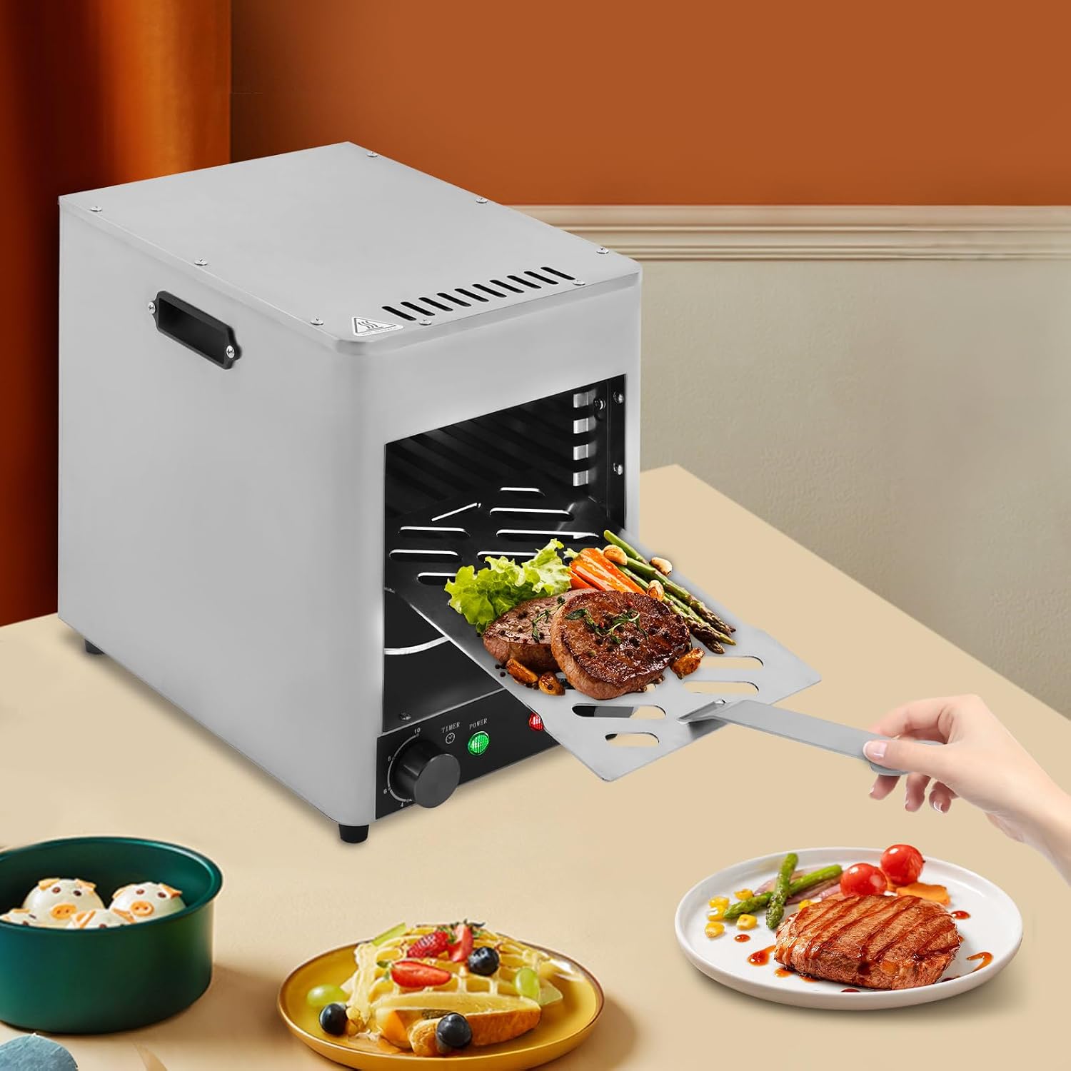 Electric Steak Broiler Steakhouse Grill 30-1500°F Portable Electric Broiler Stainless Steel Steak Cooker Tabletop Steak Grill for BBQ Burgers Fish Meat Seafood Veggies,1700W (Silver)