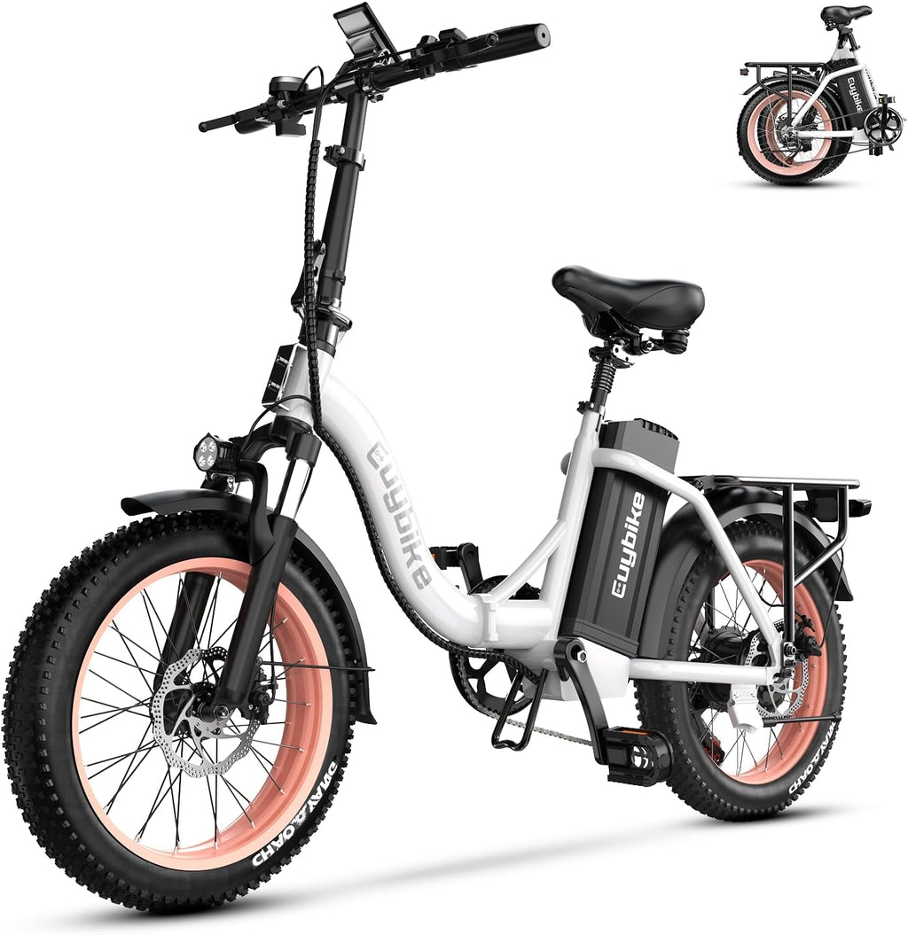 EUYBIKE Folding Electric Bike for Adults with Peak 1000W Motor, 48V 20AH Battery up to 80 Miles, 20' Fat Tire All Terrain Ebike, Front Suspension 7-Speed Commuter E Bike, Step-Thru, UL Certified
