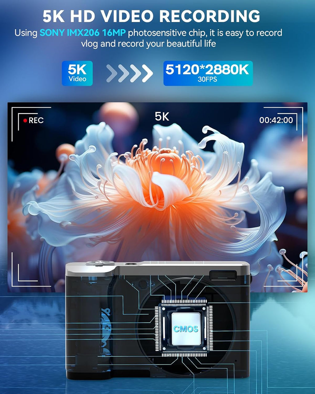 Digital Camera,5K 56MP Cameras for Photography Autofocus,Vlogging Compact Camera with Front and Rear Camera,10X Optical Zoom,6-Axis Anti-Shake,Touch Screen with 64GB SD Card,2 Batteries