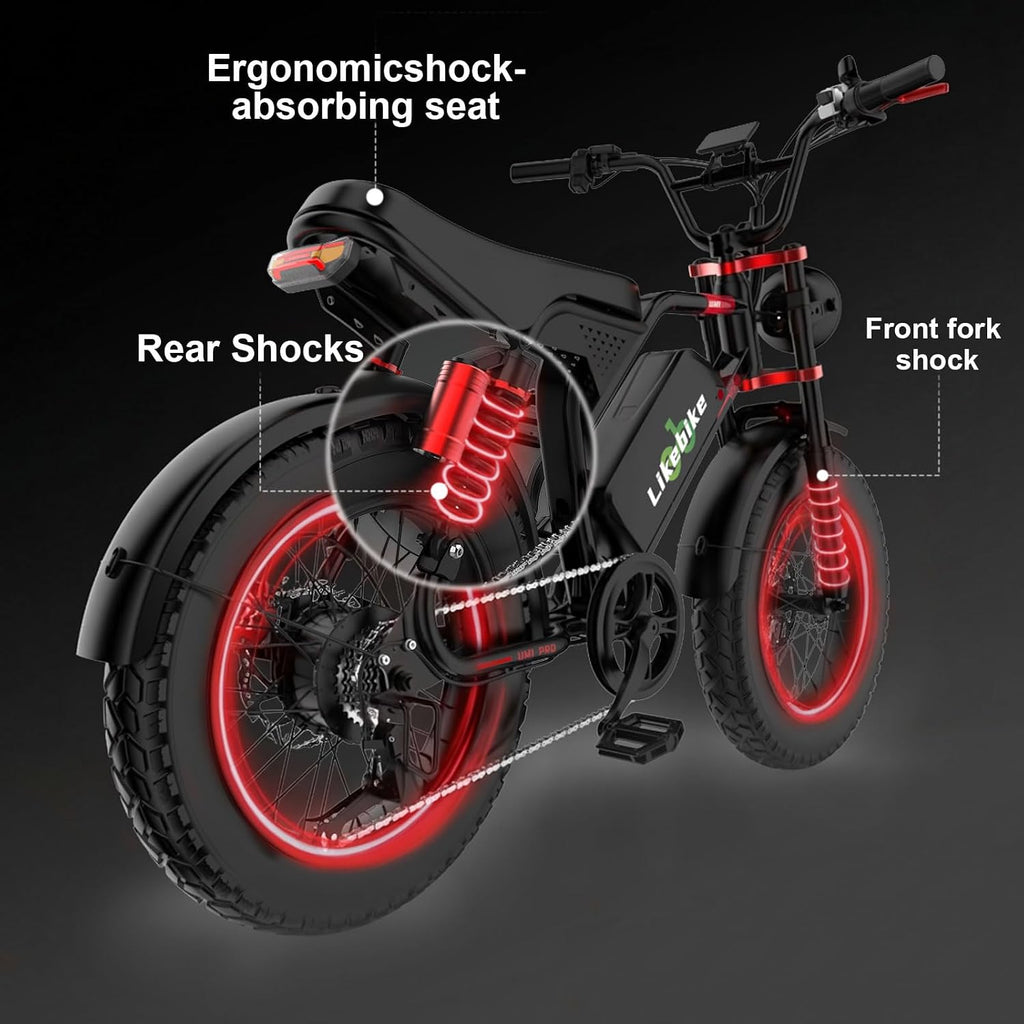 Likebike Electric Bike for Adults 1500W/2000W/3000W Peak,32/36/47MPH 20' Fat Tire Ebike, 48V 20AH/23AH/33Ah Removable Battery 7-Speed Full Suspension Mountain Bike Off Road Hydraulic Disc Brake