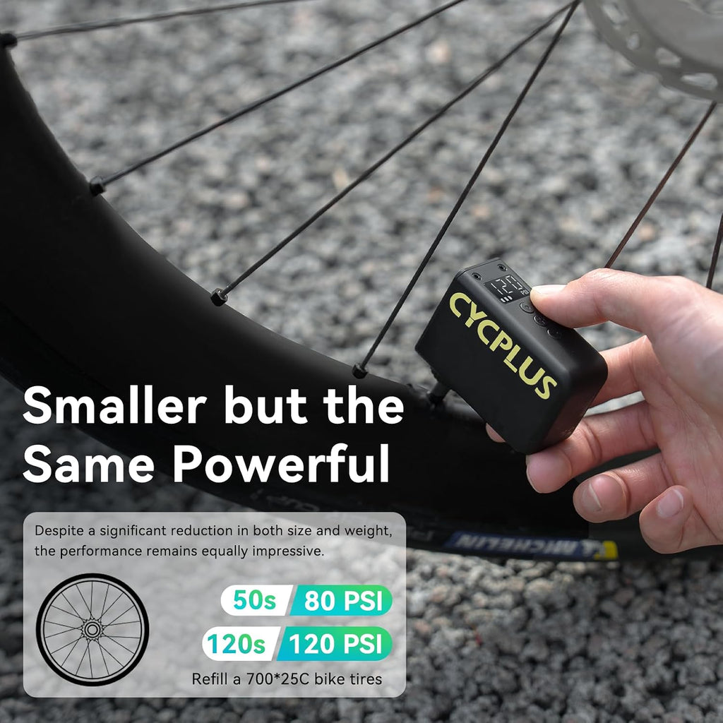 CYCPLUS AS2 Ultra Tiny Bicycle Pump with Gauge, Max 120 PSI Electric Mini Pump, Auto Stop, with Presta and Schrader Valve for E-Bike, MTB, and Road Bike Magnesium Alloy Casing (90g)