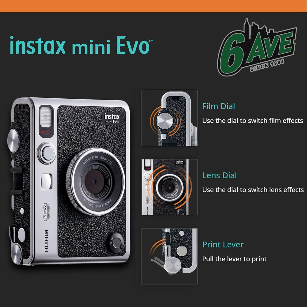 Fujifilm Instax Mini EVO Hybrid Instant Camera (Brown) Bundle with Instax-Mini Twin Pack Instant-Film 20 Sheets + 32GB Memory Card + Vintage Brown Mini-Evo Camera Case + Cleaning Cloth